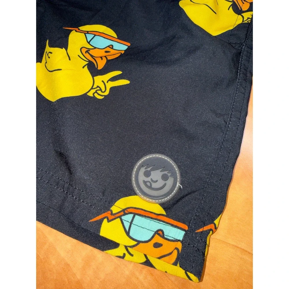 Neff Kids Med Swim Trunks Black Rubber Duck Sunglasses Peace Sign Board Shorts